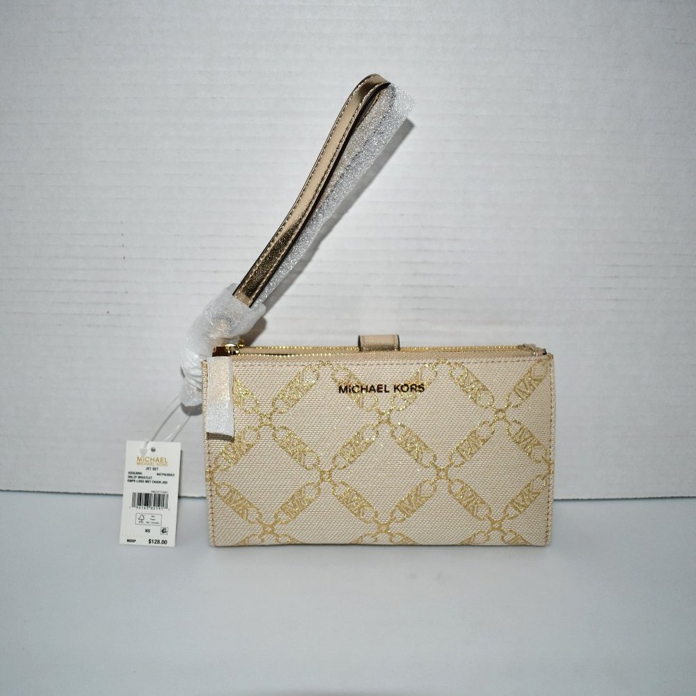 MICHAEL Kors Logo Double Zip Wristlet in Natural Gold #32S3GJ6W41 NWT